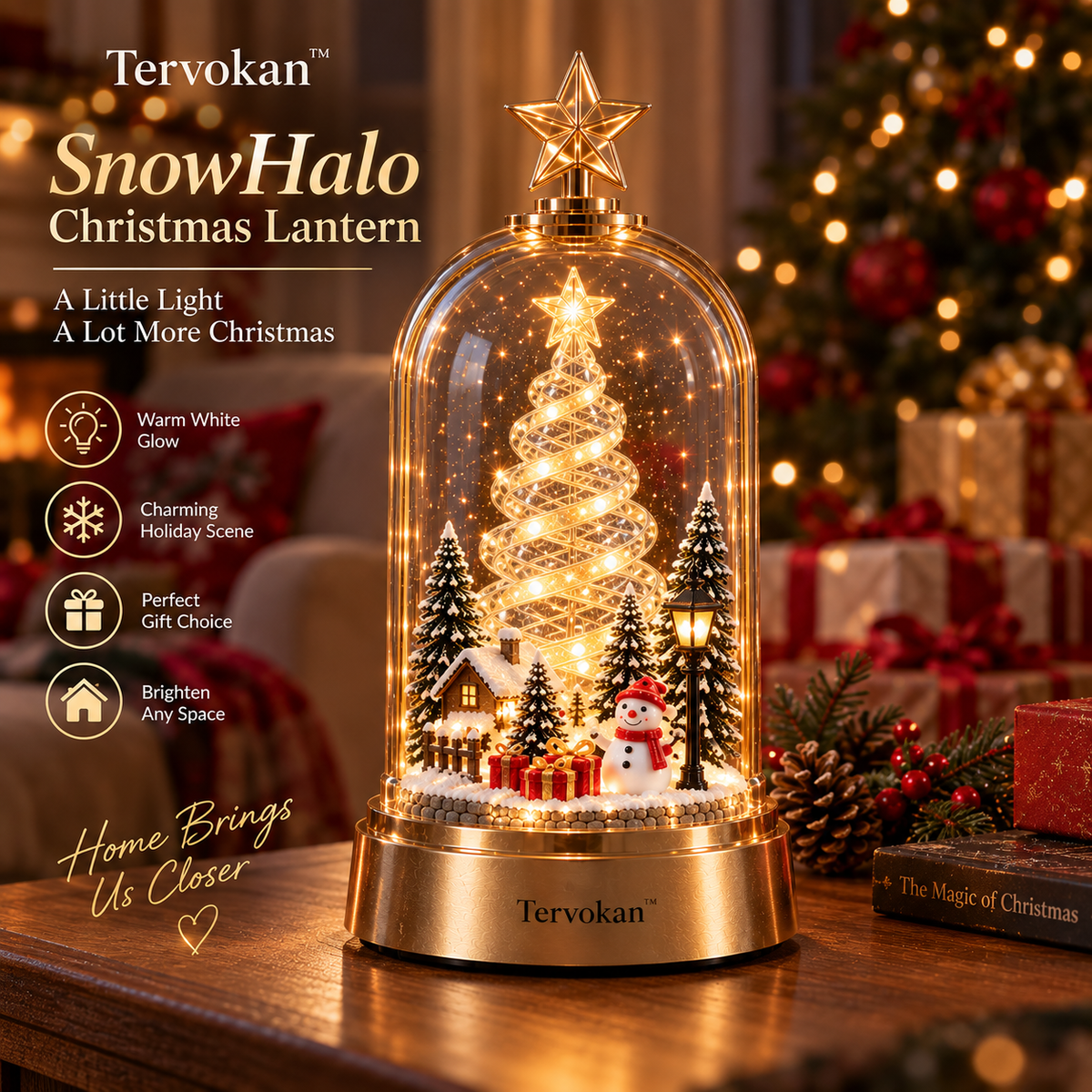 Tervokan™ SnowHalo Christmas Lantern — Illuminated Winter Village Tabletop Décor