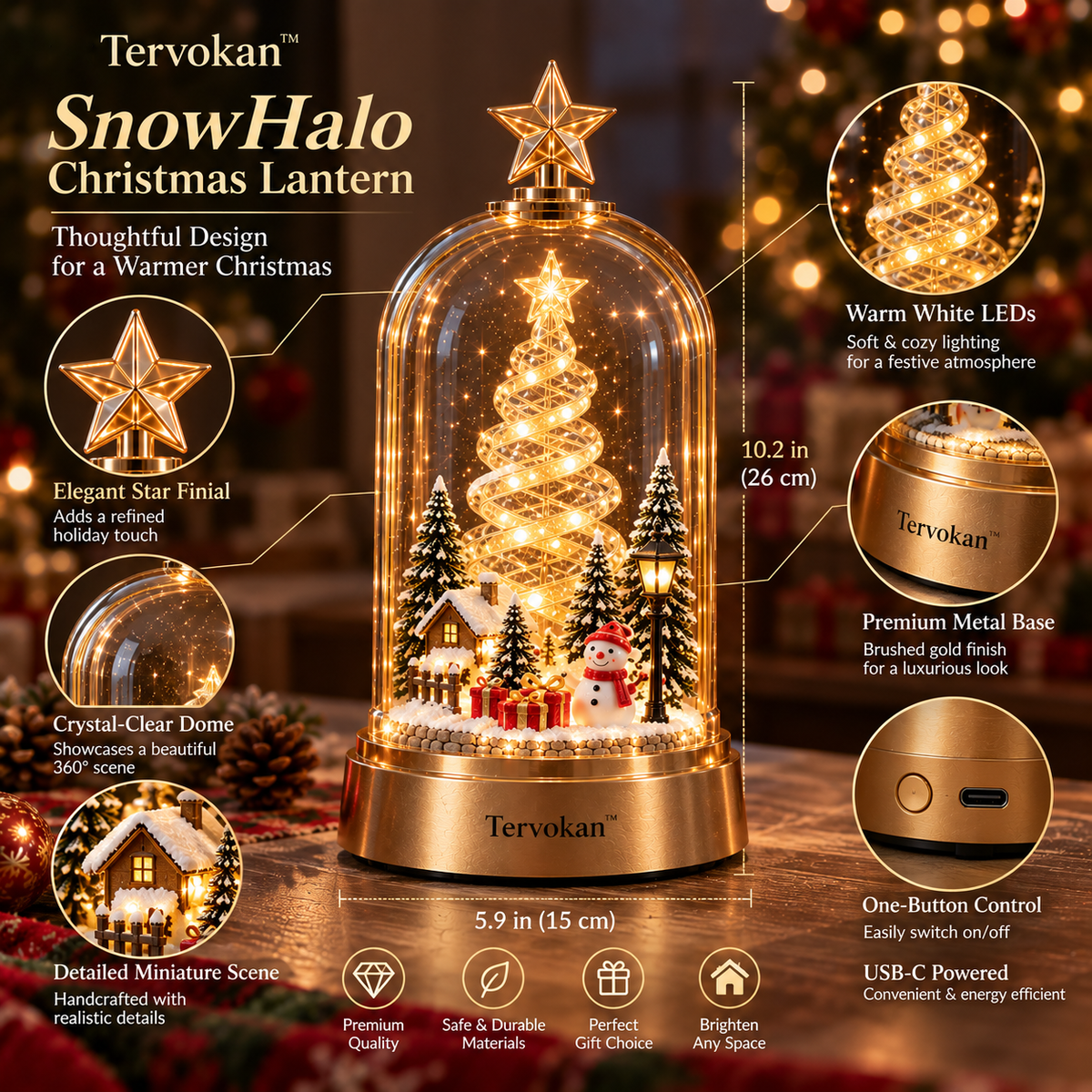 Tervokan™ SnowHalo Christmas Lantern — Illuminated Winter Village Tabletop Décor