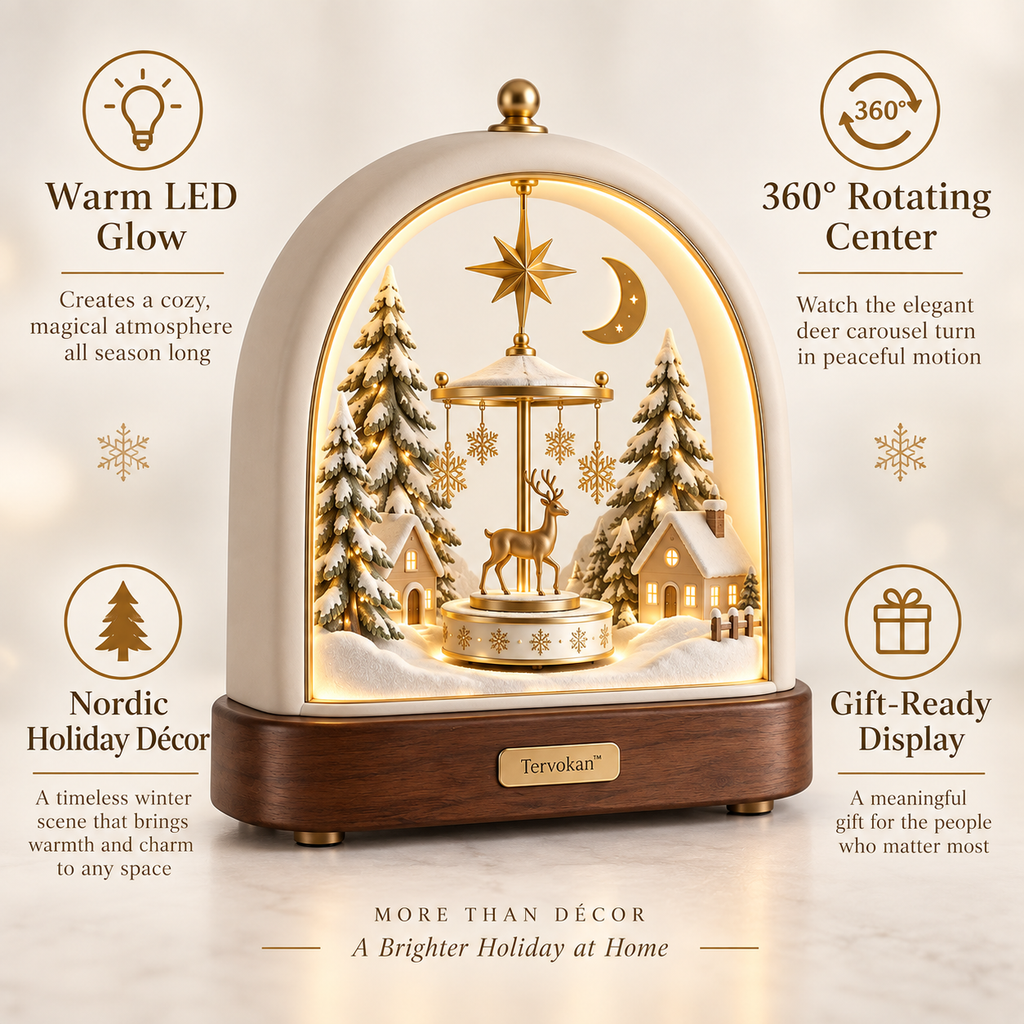 Tervokan™ Everglow Reindeer Christmas Village  Illuminated Rotating Holiday Centerpiece