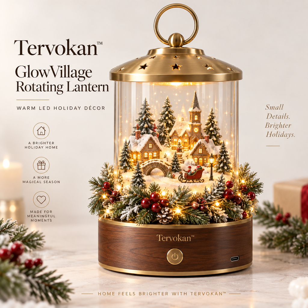 Tervokan™ GlowVillage Rotating Lantern – Warm LED Christmas Village Tabletop Decor