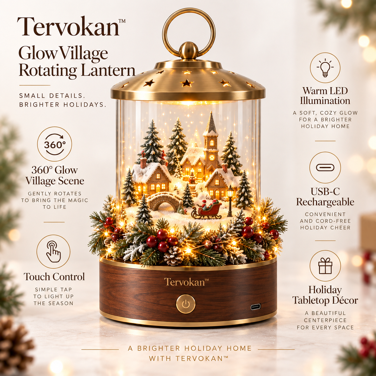 Tervokan™ GlowVillage Rotating Lantern – Warm LED Christmas Village Tabletop Decor