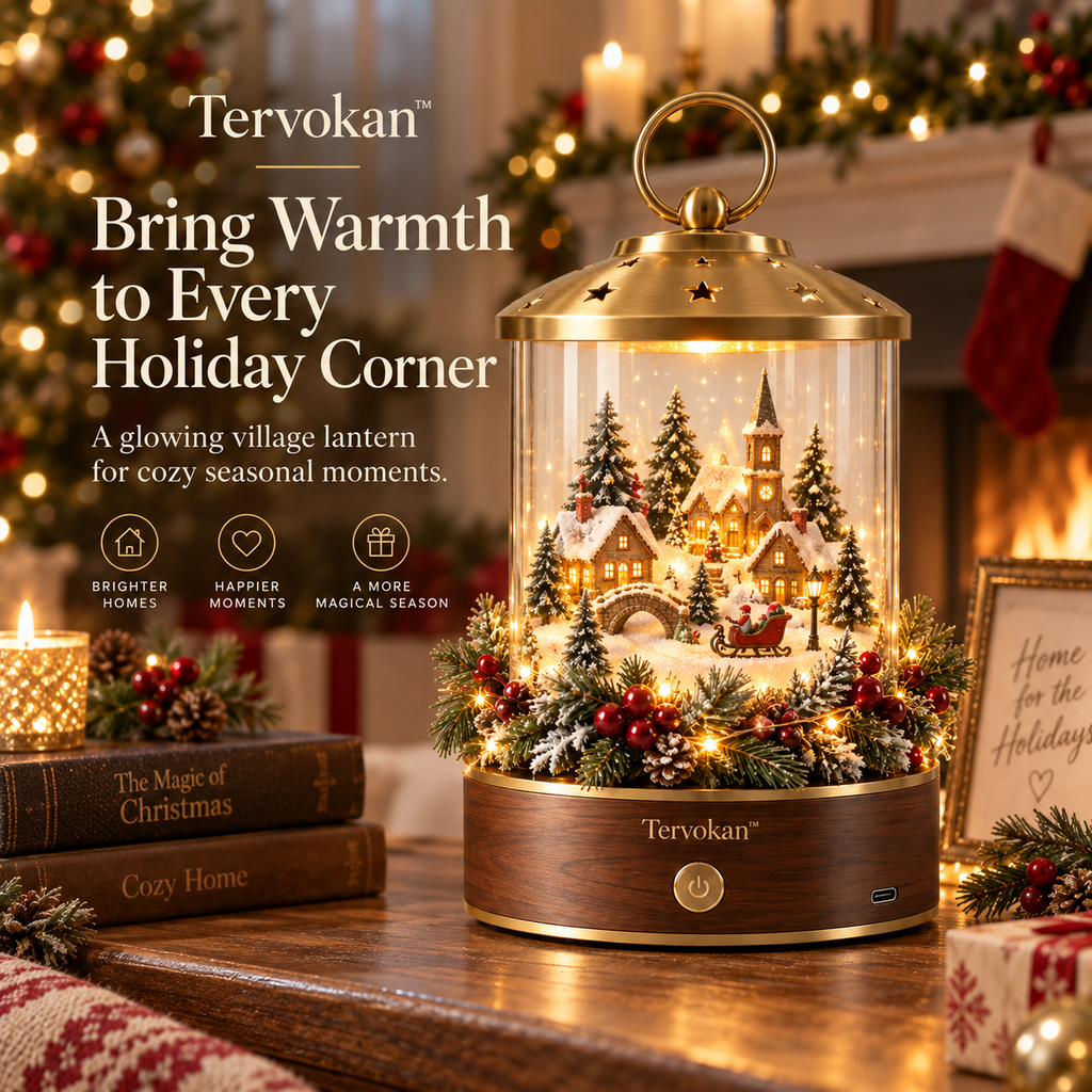 Tervokan™ GlowVillage Rotating Lantern – Warm LED Christmas Village Tabletop Decor