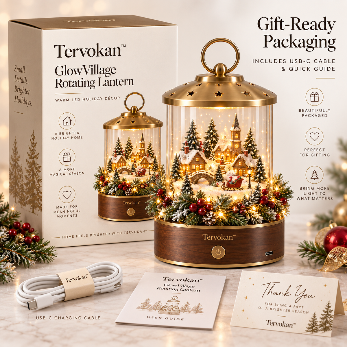 Tervokan™ GlowVillage Rotating Lantern – Warm LED Christmas Village Tabletop Decor