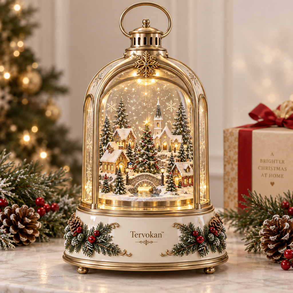 Tervokan™  Rotating Village Lantern Christmas Lighted Snow Village Tabletop Decor with Rotating Scene, Warm LED Glow, Timer & Remote Control