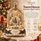 Tervokan™  Rotating Village Lantern Christmas Lighted Snow Village Tabletop Decor with Rotating Scene, Warm LED Glow, Timer & Remote Control