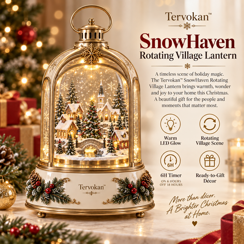 Tervokan™  Rotating Village Lantern Christmas Lighted Snow Village Tabletop Decor with Rotating Scene, Warm LED Glow, Timer & Remote Control