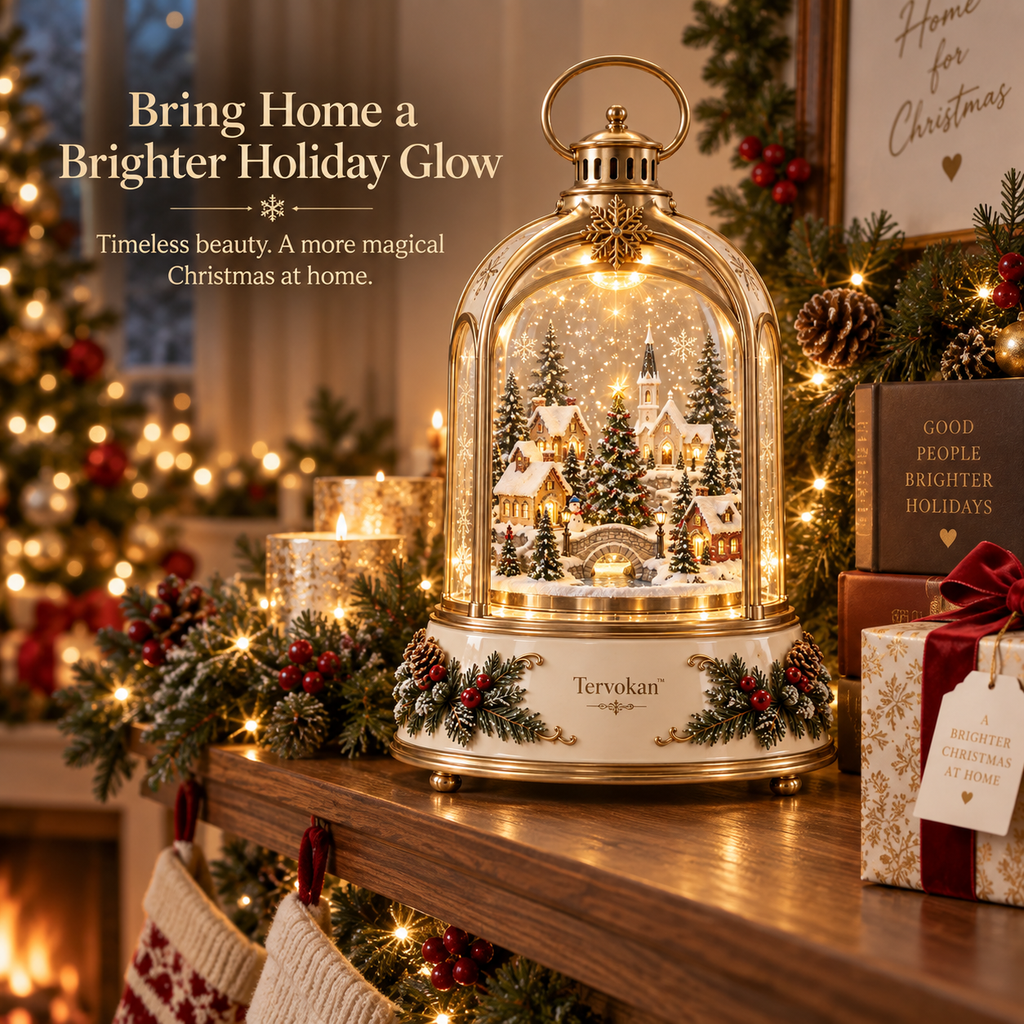 Tervokan™  Rotating Village Lantern Christmas Lighted Snow Village Tabletop Decor with Rotating Scene, Warm LED Glow, Timer & Remote Control