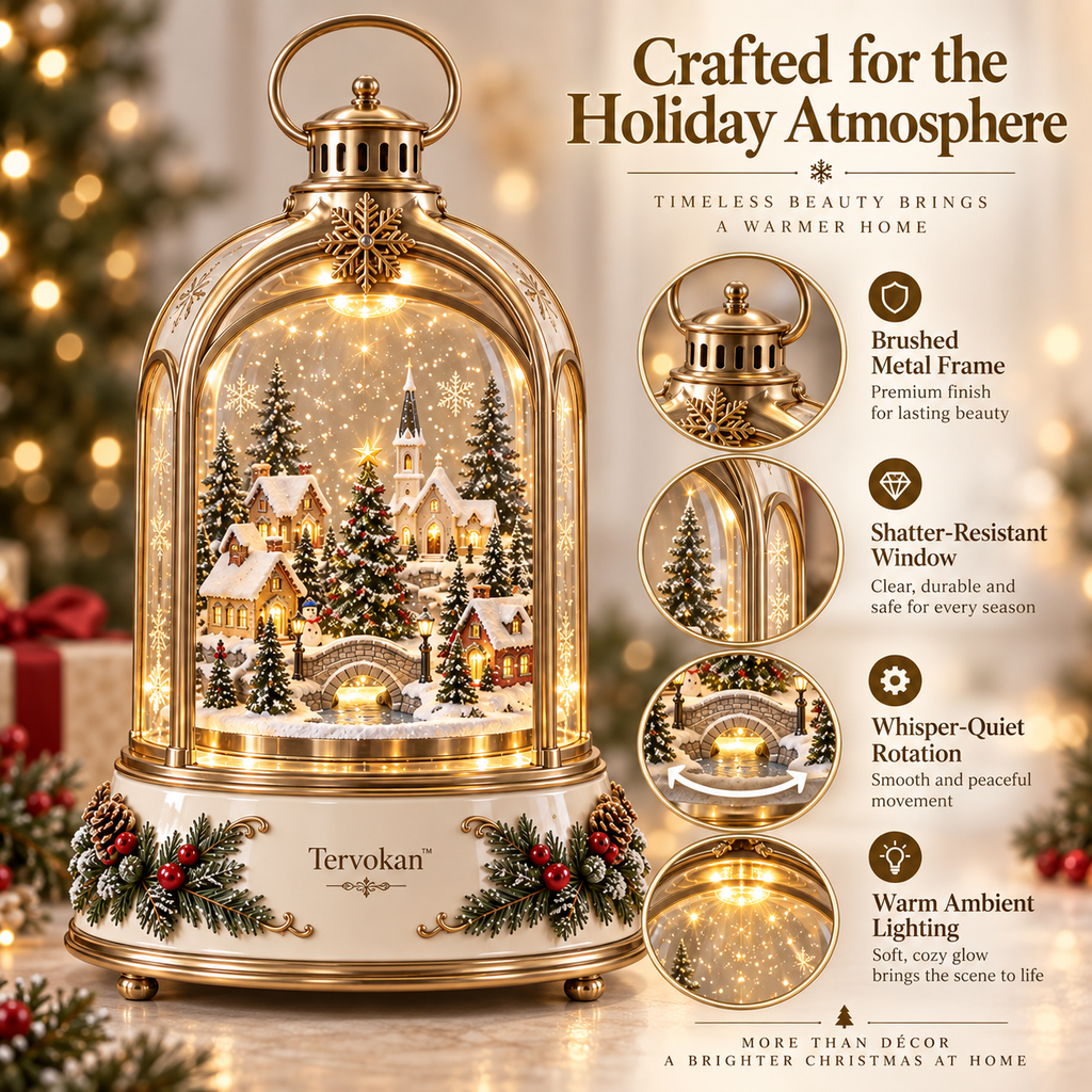 Tervokan™  Rotating Village Lantern Christmas Lighted Snow Village Tabletop Decor with Rotating Scene, Warm LED Glow, Timer & Remote Control