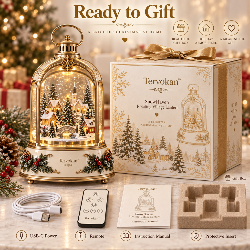 Tervokan™  Rotating Village Lantern Christmas Lighted Snow Village Tabletop Decor with Rotating Scene, Warm LED Glow, Timer & Remote Control