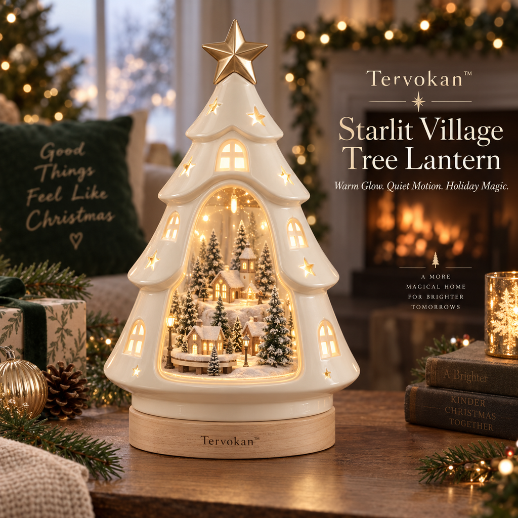 Tervokan™ Starlit Village Tree Lantern  Illuminated Ceramic Christmas Village Tree Decor