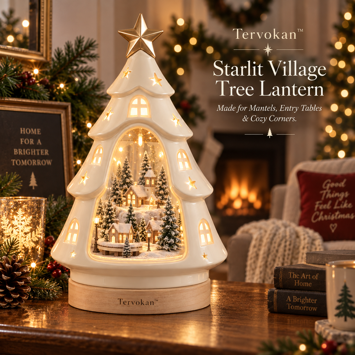 Tervokan™ Starlit Village Tree Lantern  Illuminated Ceramic Christmas Village Tree Decor