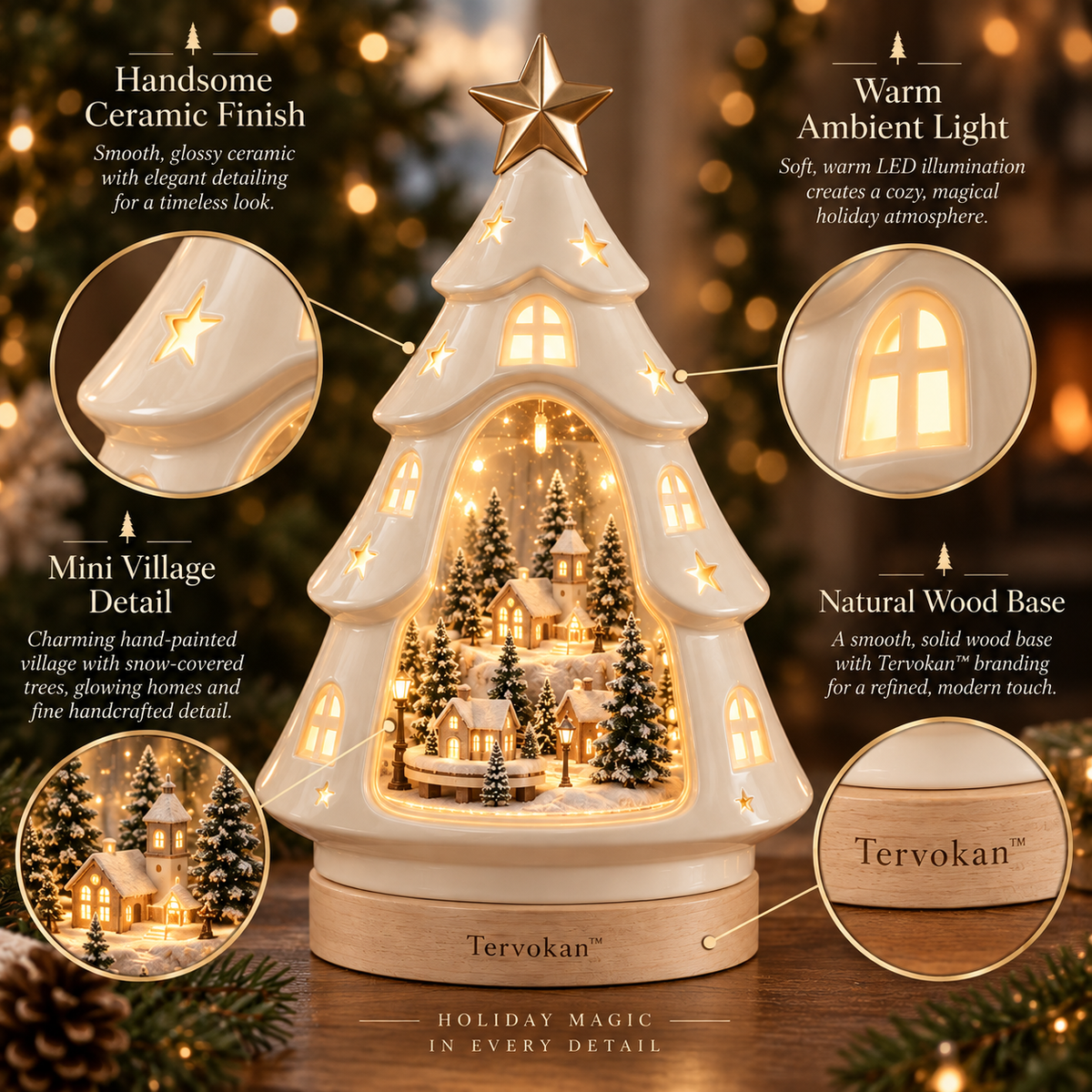 Tervokan™ Starlit Village Tree Lantern  Illuminated Ceramic Christmas Village Tree Decor
