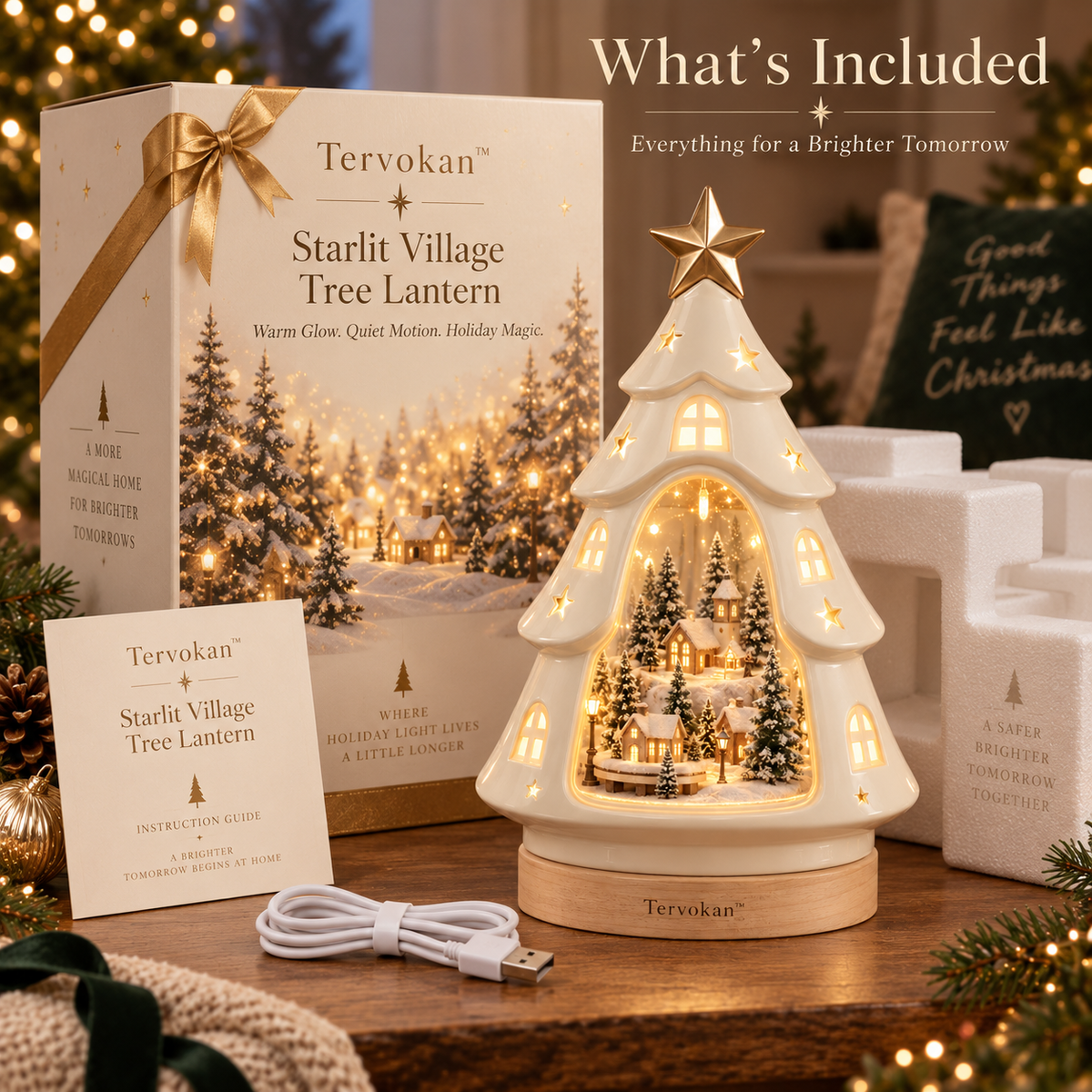 Tervokan™ Starlit Village Tree Lantern  Illuminated Ceramic Christmas Village Tree Decor