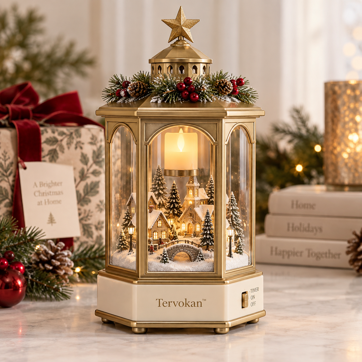 Tervokan™ SnowLoom Christmas Village Lantern – Rotating Lighted Holiday Village Decor