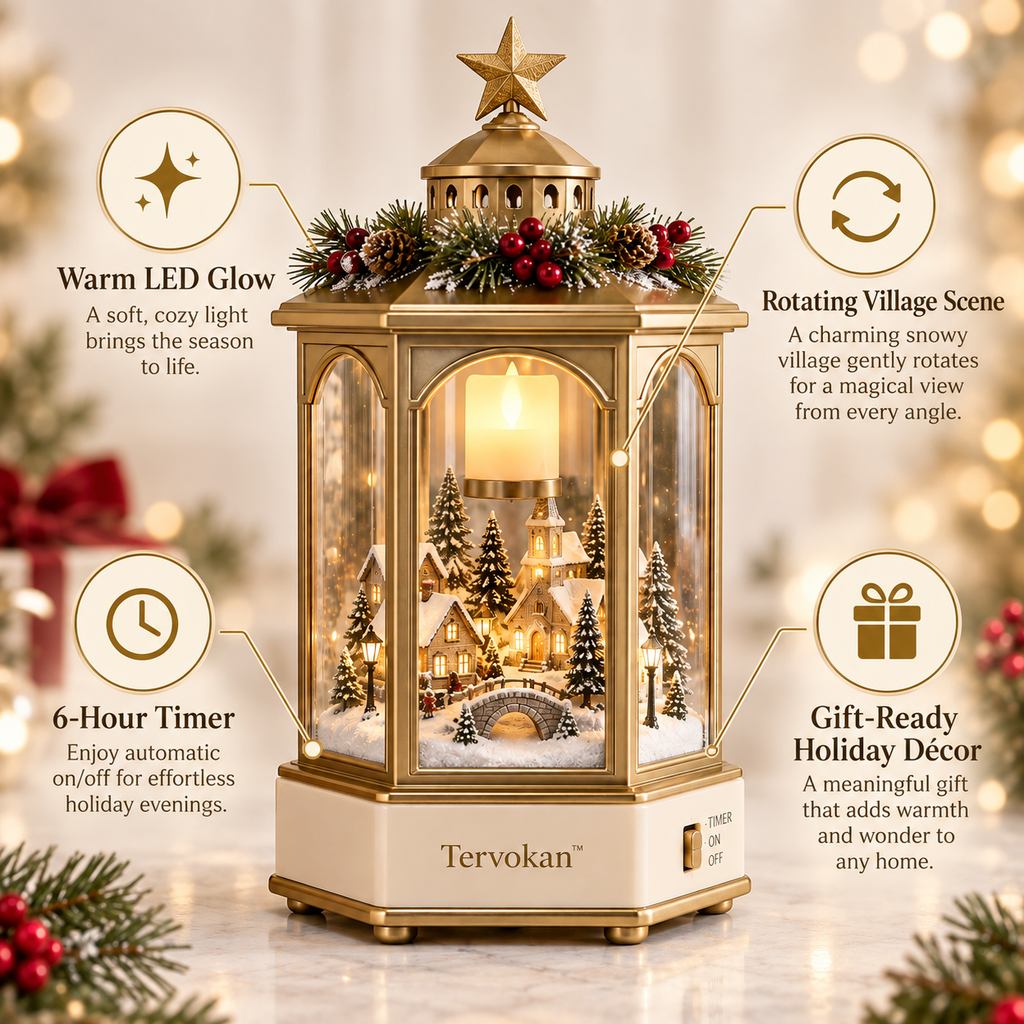 Tervokan™ SnowLoom Christmas Village Lantern – Rotating Lighted Holiday Village Decor