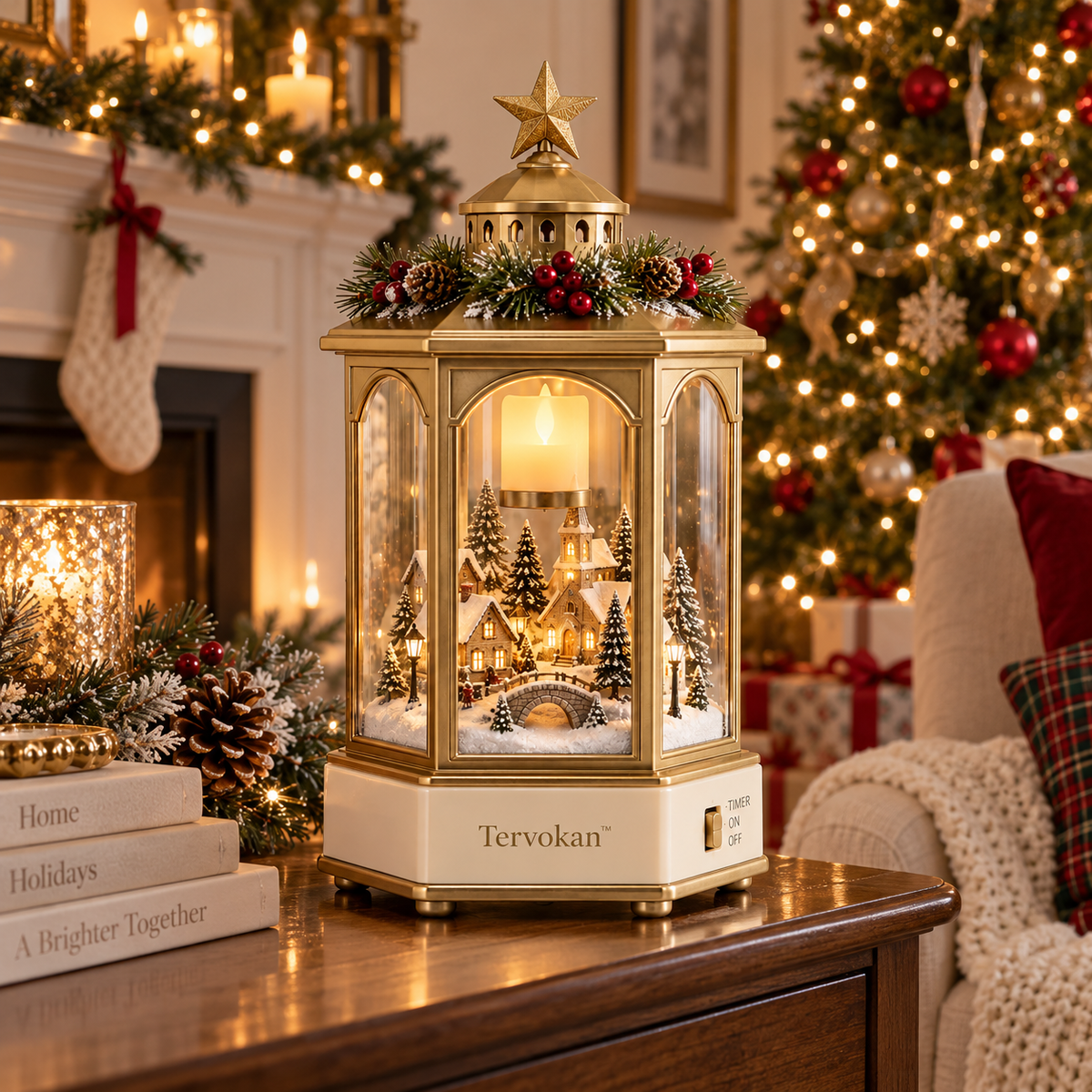 Tervokan™ SnowLoom Christmas Village Lantern – Rotating Lighted Holiday Village Decor