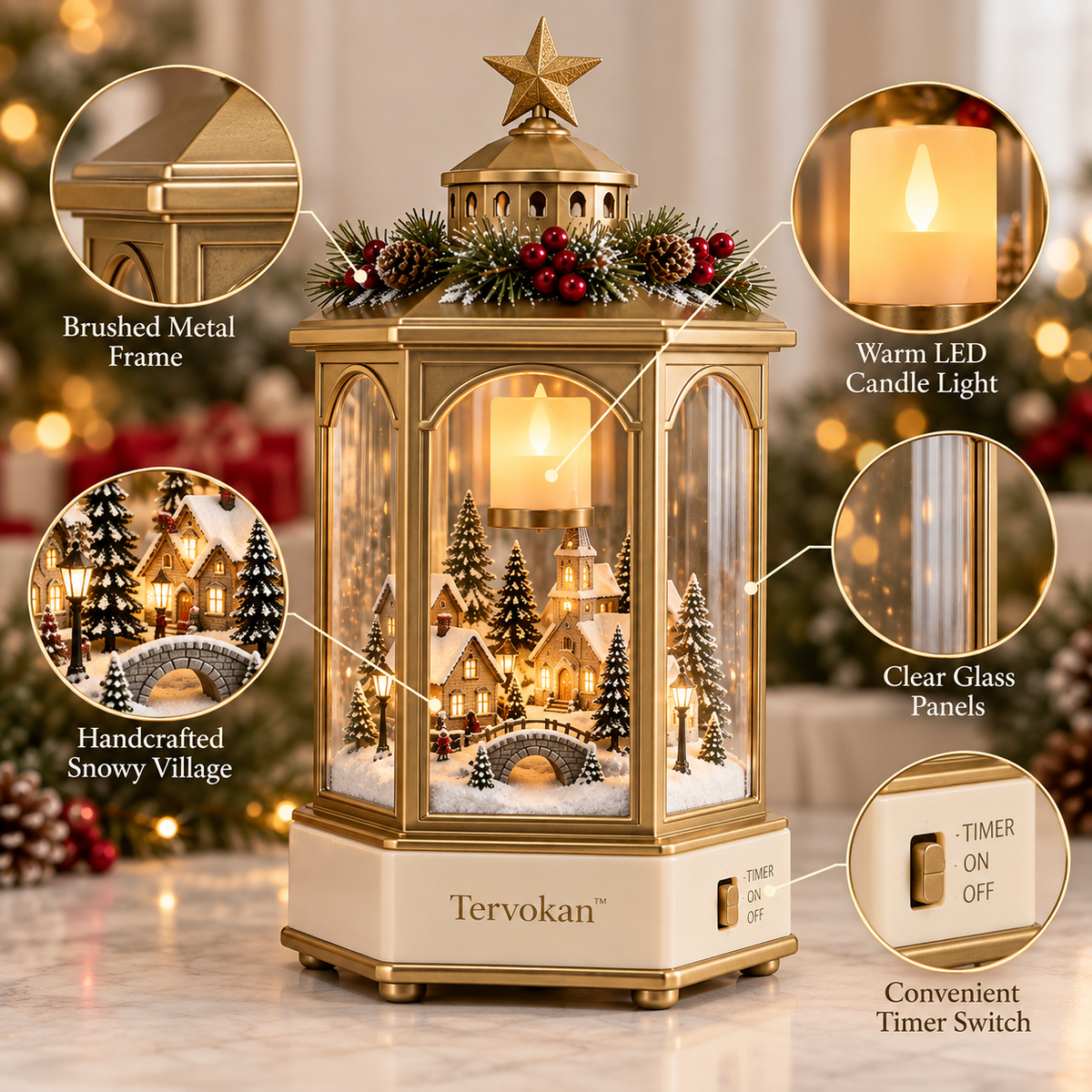 Tervokan™ SnowLoom Christmas Village Lantern – Rotating Lighted Holiday Village Decor