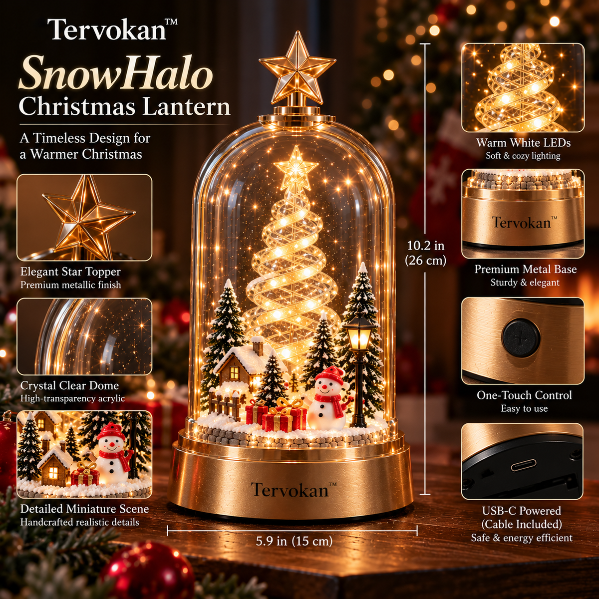 Tervokan™ SnowHalo Christmas Lantern — Illuminated Winter Village Tabletop Décor