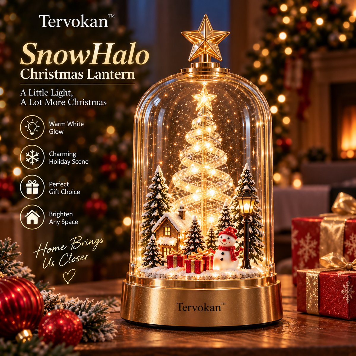 Tervokan™ SnowHalo Christmas Lantern — Illuminated Winter Village Tabletop Décor